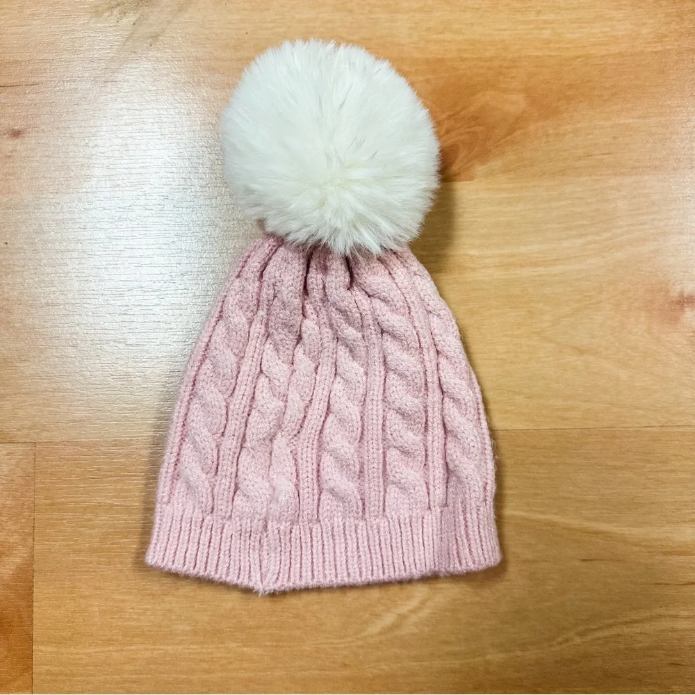 Laura Ashley Pink & White Fuzzy Newborn Pom Beanie Winter Hat Size 0-6M